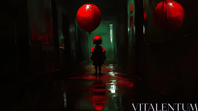Backlit child with red balloon in high-contrast horror corridor