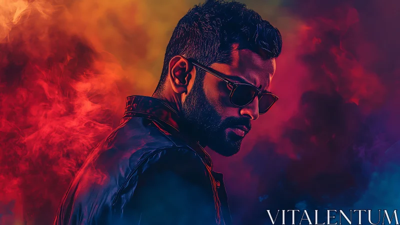 Man in sunglasses framed by vivid colored smoke lighting