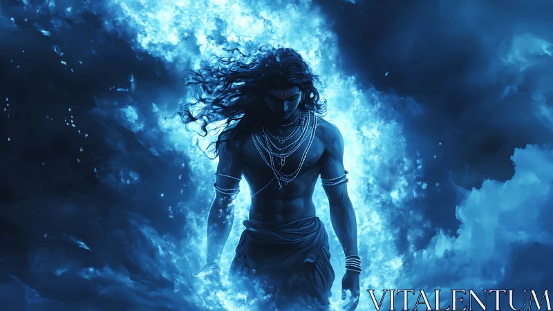 Divine warrior silhouette emerging through cosmic blue fire.