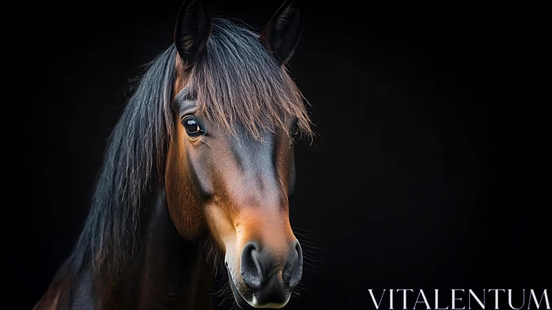 Horse head portrait is isolated against uniform black background