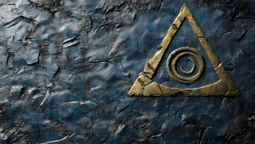 Ancient gold triangle symbol on textured dark stone background.