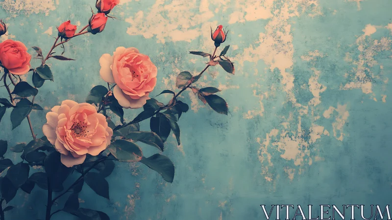 Coral Roses Against Weathered Turquoise Wall.