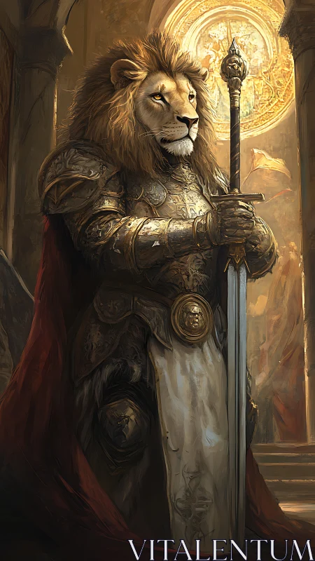 Regal lion knight in gilded armor before radiant sigil.