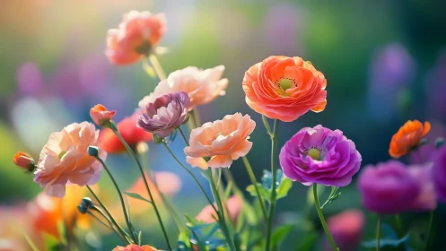 Multicolored ranunculus blooms with selective focus and gradient bokeh