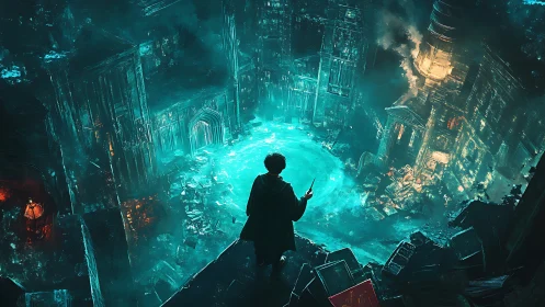 Young mage over neon abyssal library, rewriting the ruins.