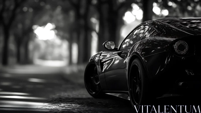 Sleek sports car resting quietly on a sunlit forest road.