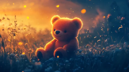 Cute orange teddy bear in glowing sunset meadow scene.