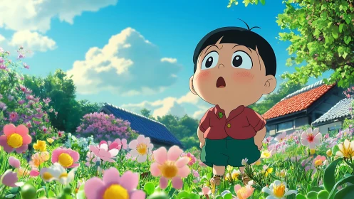 Little explorer wandering through a sunlit village meadow.