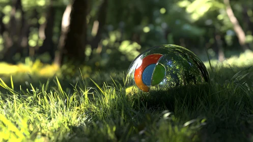 Chrome logo reflected on glass sphere in sunlit forest scene.