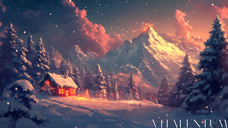 Snow-covered forest cabin stands below illuminated peaks