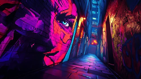 Tilted alleyway shows vivid neon graffiti under night lighting