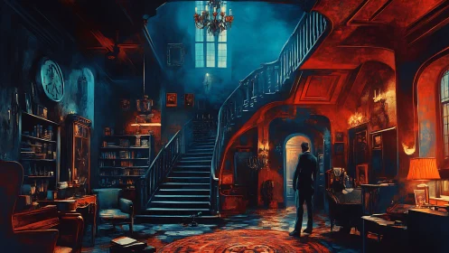Moody mansion interior with lone figure on grand staircase.