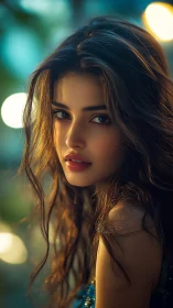 Cinematic portrait of young woman in teal bokeh glow.