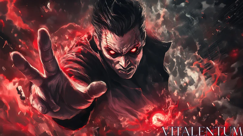 Storm of Red Fury Surrounding a Fierce Dark Sorcerer.