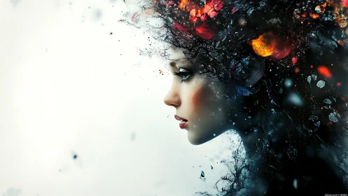 Side profile portrait with abstract fiery hair elements.