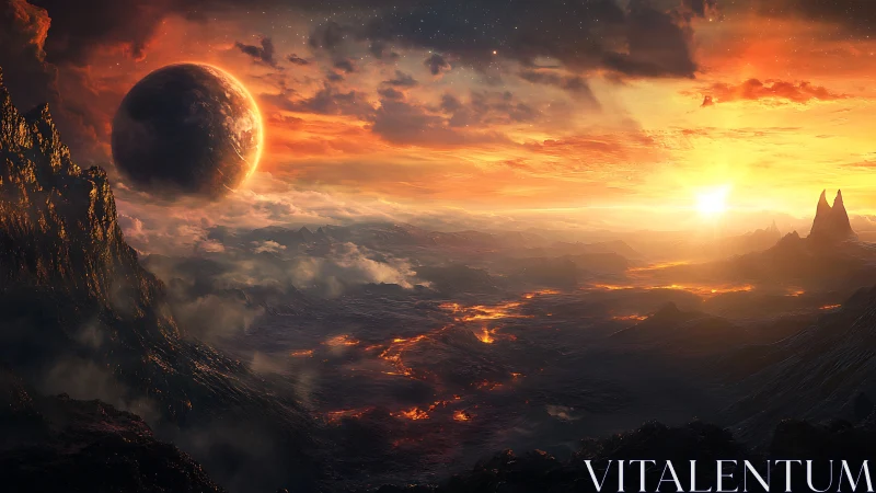 Alien sunrise bathes volcanic world in molten light.