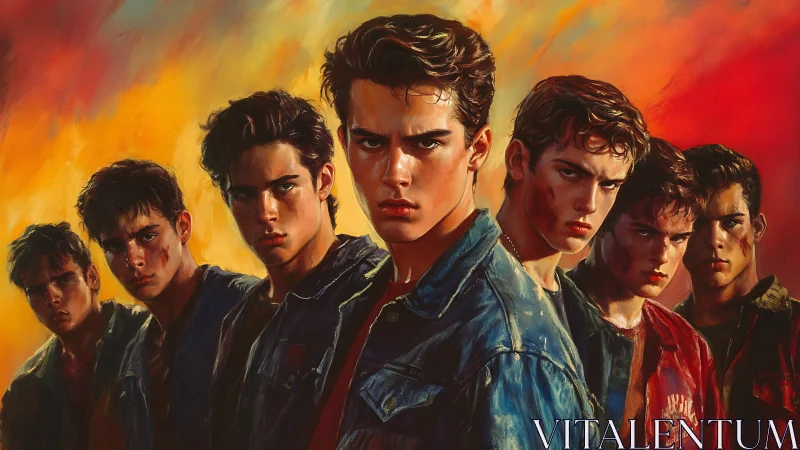 Defiant teenage gang lineup under blazing painted sky