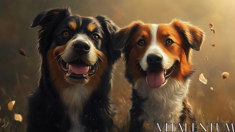 Two medium dogs in autumn field with neutral lighting.