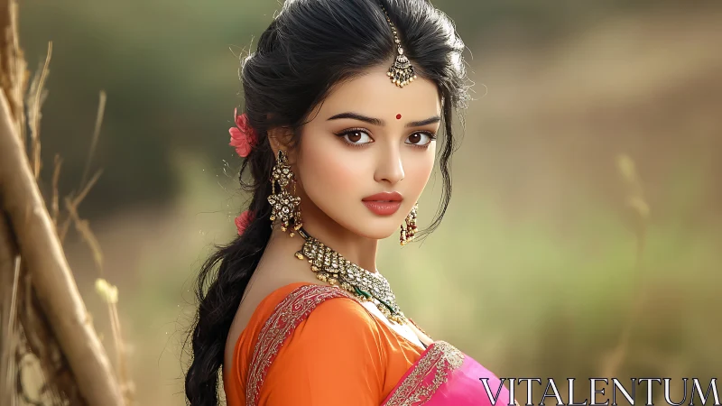 Digital portrait of woman in sari with ornate jewelry.