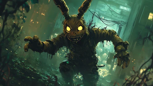 Mutated rabbit monster lunges through decayed neon alley