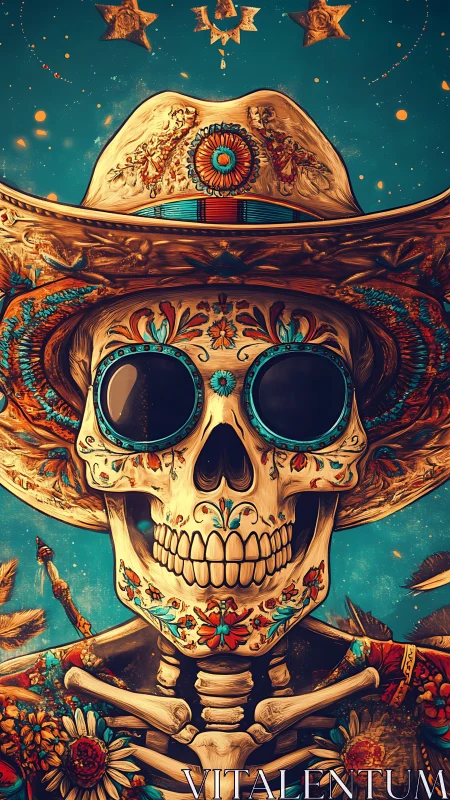 Skull in ornate sombrero stares forward with floral detail