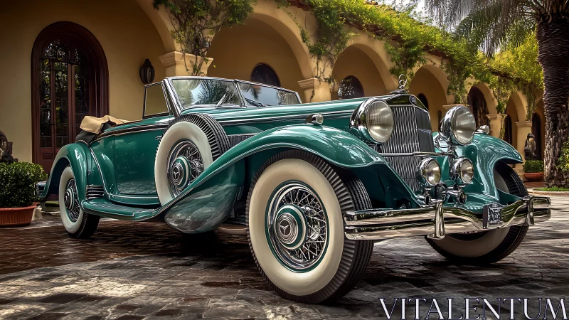 Emerald roadster lounges regally beneath sunlit villa arches