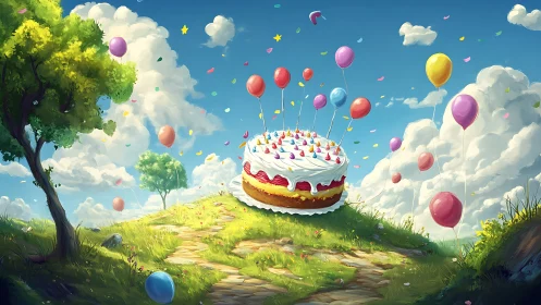 Giant Birthday Cake Surrounded by Colorful Balloons.