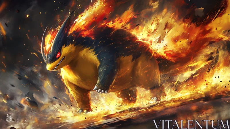 Powerful fire beast charging through blazing inferno.