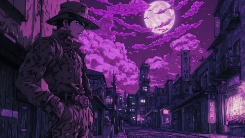 Lone anime wanderer walks a neon violet moonlit city street