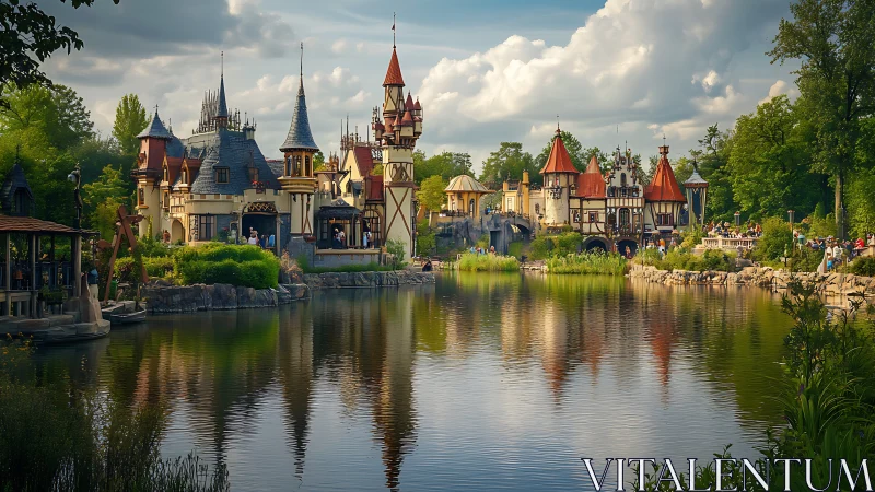 Storybook lakeside castle village under lazy summer clouds.