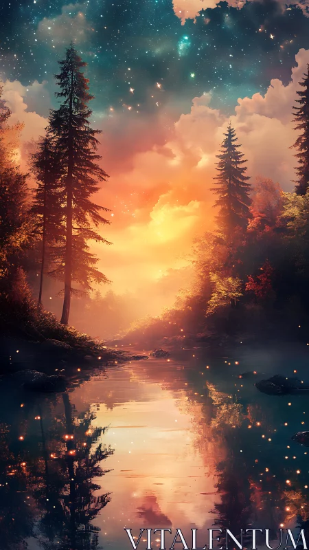 Vertical landscape shows luminous forest river under stars