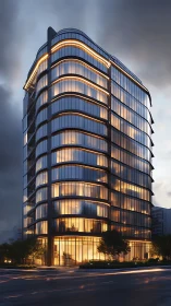 Glass tower glows warmly against a dramatic evening sky