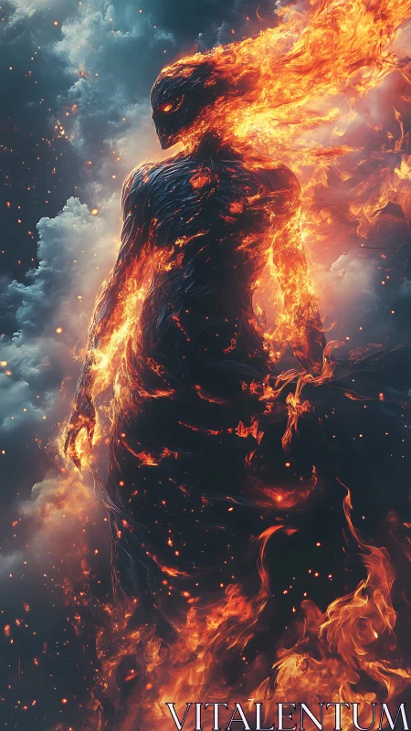 Fiery elemental humanoid figure against stormy clouds.