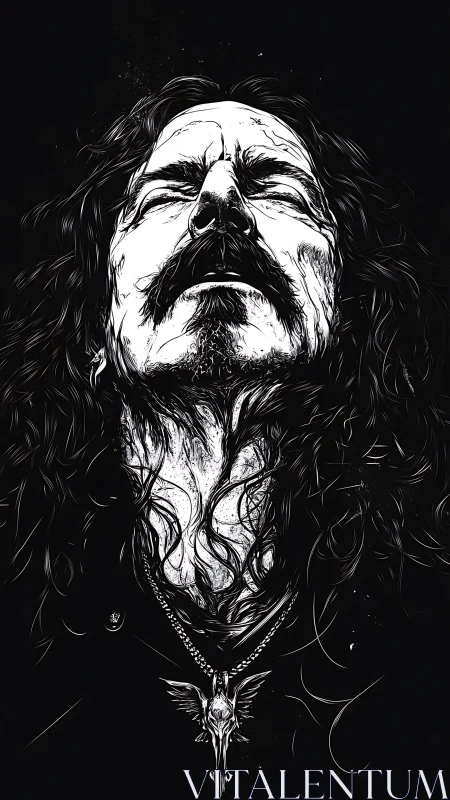 Monochrome male portrait with long hair and pendant.