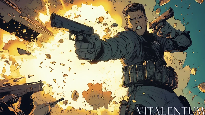 Explosive firefight with dual-wielding agent in mid-blast.