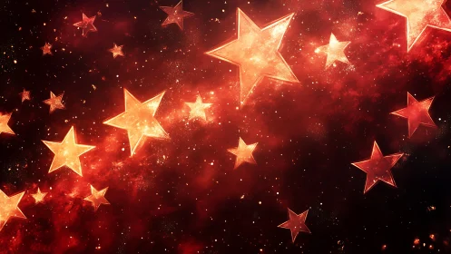 Glowing red stars drift through a luminous cosmic nebula.