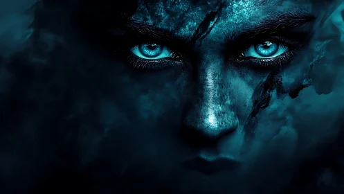 Glowing cyan eyes emerge from shadowed, textured visage