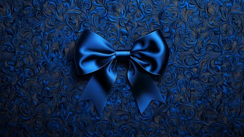 Blue Silk Bow on Ornate Damask Textured Background.