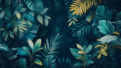 Layered tropical foliage rendered with teal-yellow tonal contrast