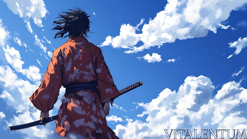 Anime samurai silhouette under expansive cloud-swept sky.