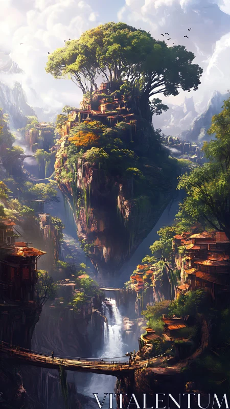 Floating forest citadel rises above misty waterfall valley.