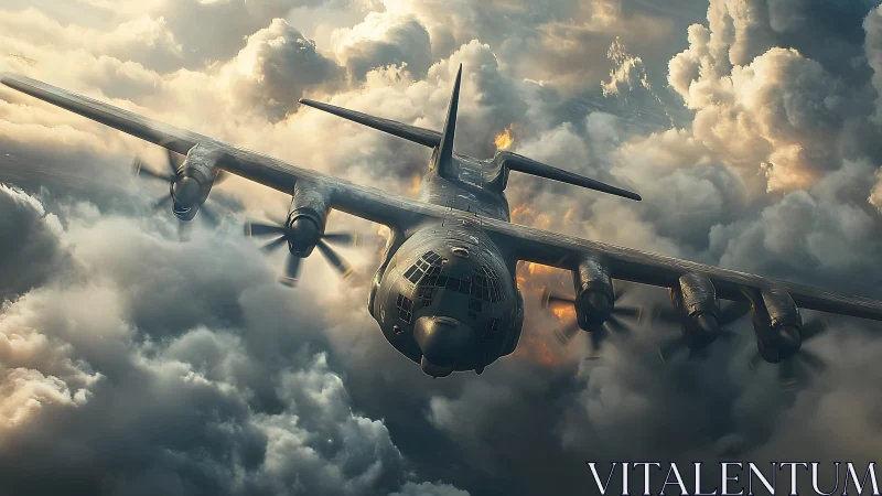 Storm-bound military aircraft powers through dramatic clouds