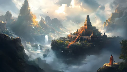 Monk observing grand mountain temple in misty valley.