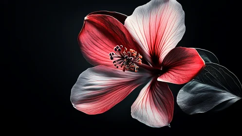 Red and white flower with visible stamens against dark background.