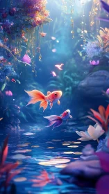 Luminescent koi fish drifting through enchanted lagoon dreamscape.