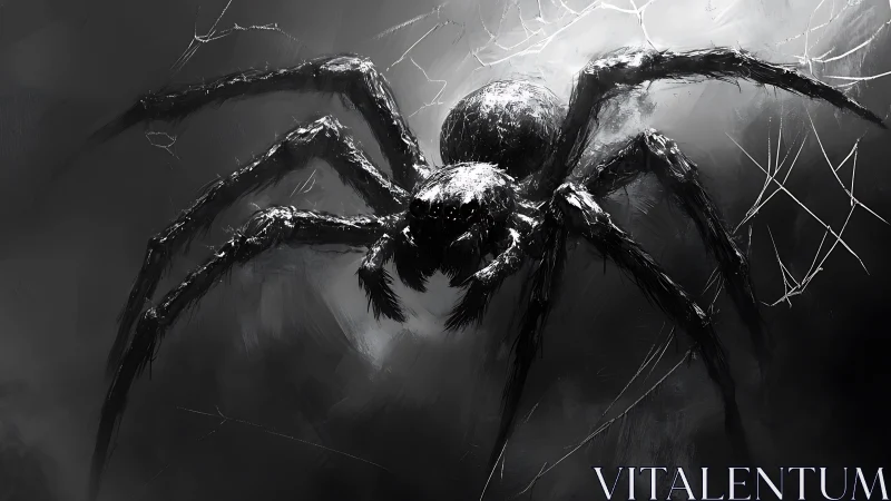 Monochrome spider looming over fractured web shadows.
