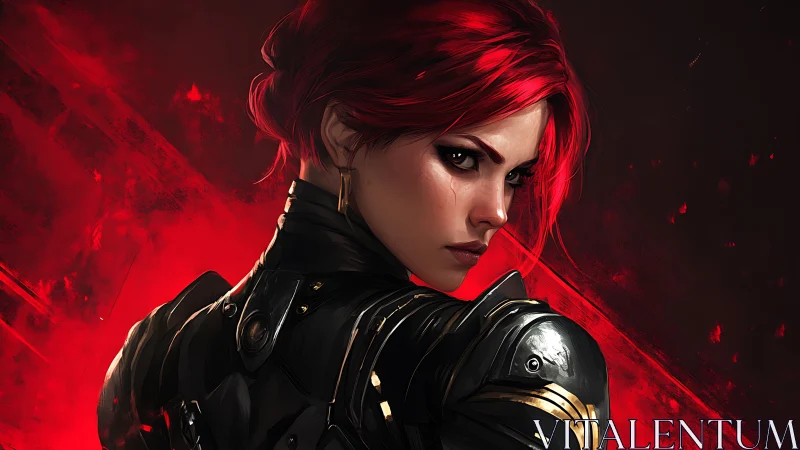 Red haired female warrior in black armor stares intensely back