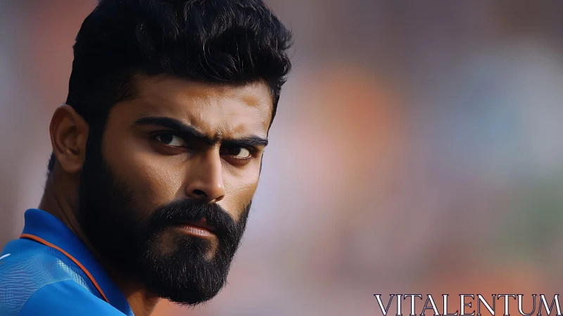 Bearded athlete glares with sharp focus on blurred field.