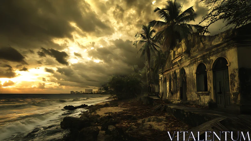 Stormy coastline with decayed seafront building at dusk.