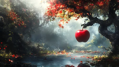 Enchanted crimson apple drifting above a misty forest pool.